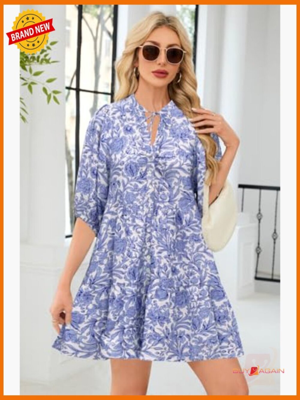 Floral Boho Shift Dress Casual V Neck Puff Sleeve Flowy Mini Dress - Picture 5 of 7